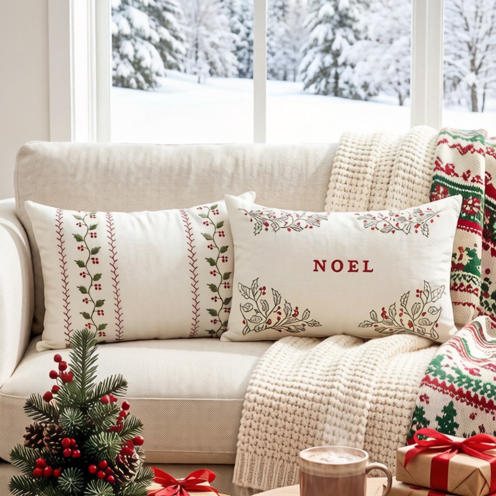 Embroidery Xmas Decorations - Sarung Bantal Bordir Merah Hijau Putih,