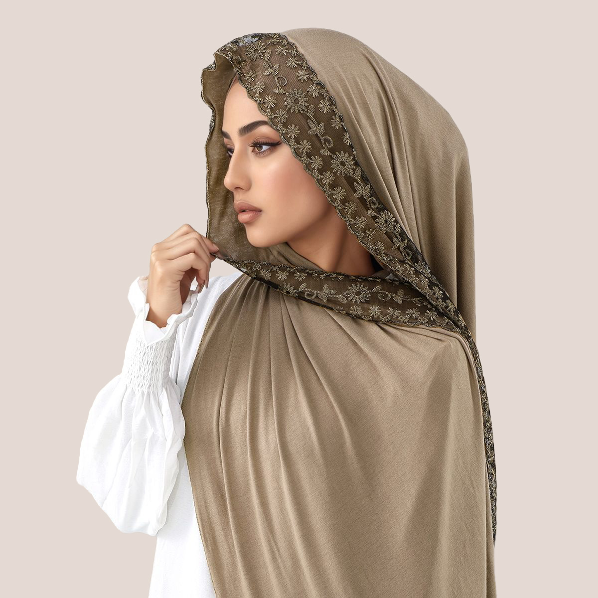 Hijab Muslim Jersey Katun Bord - Embroidery Shawl ulasan dan harga